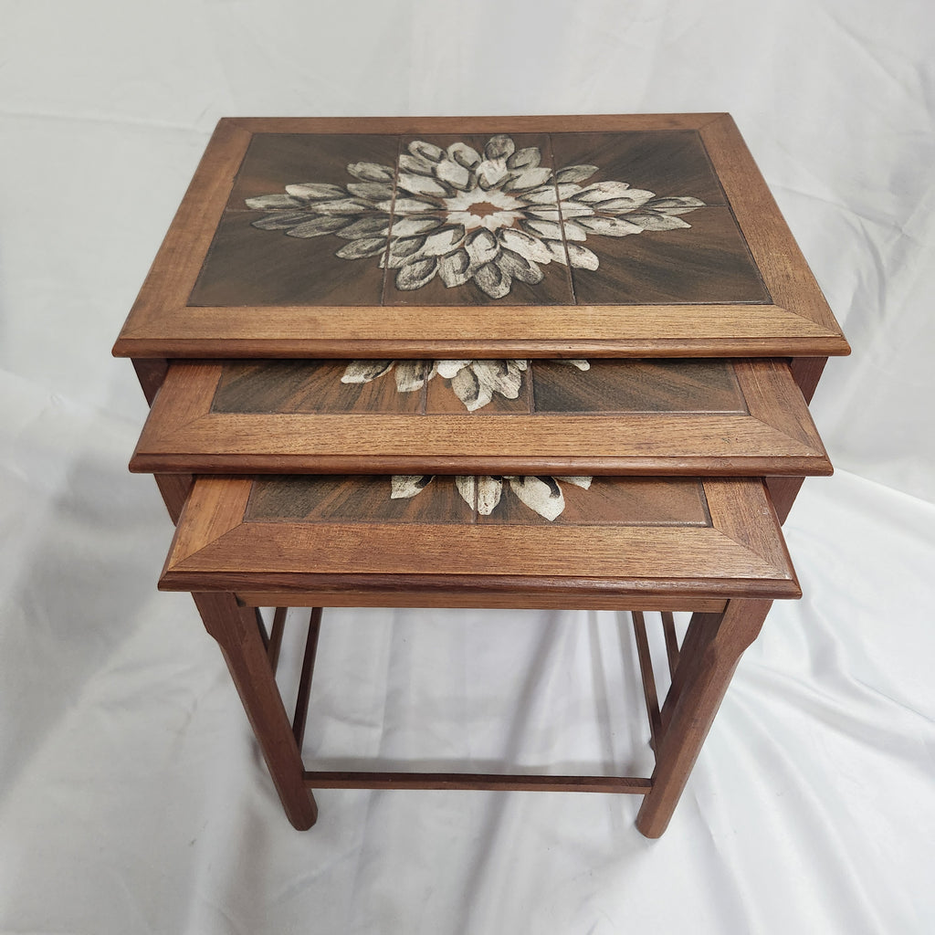 Vintage Mid Century Danish Teak Nesting Tables with Floral Tile Top - Set of 3