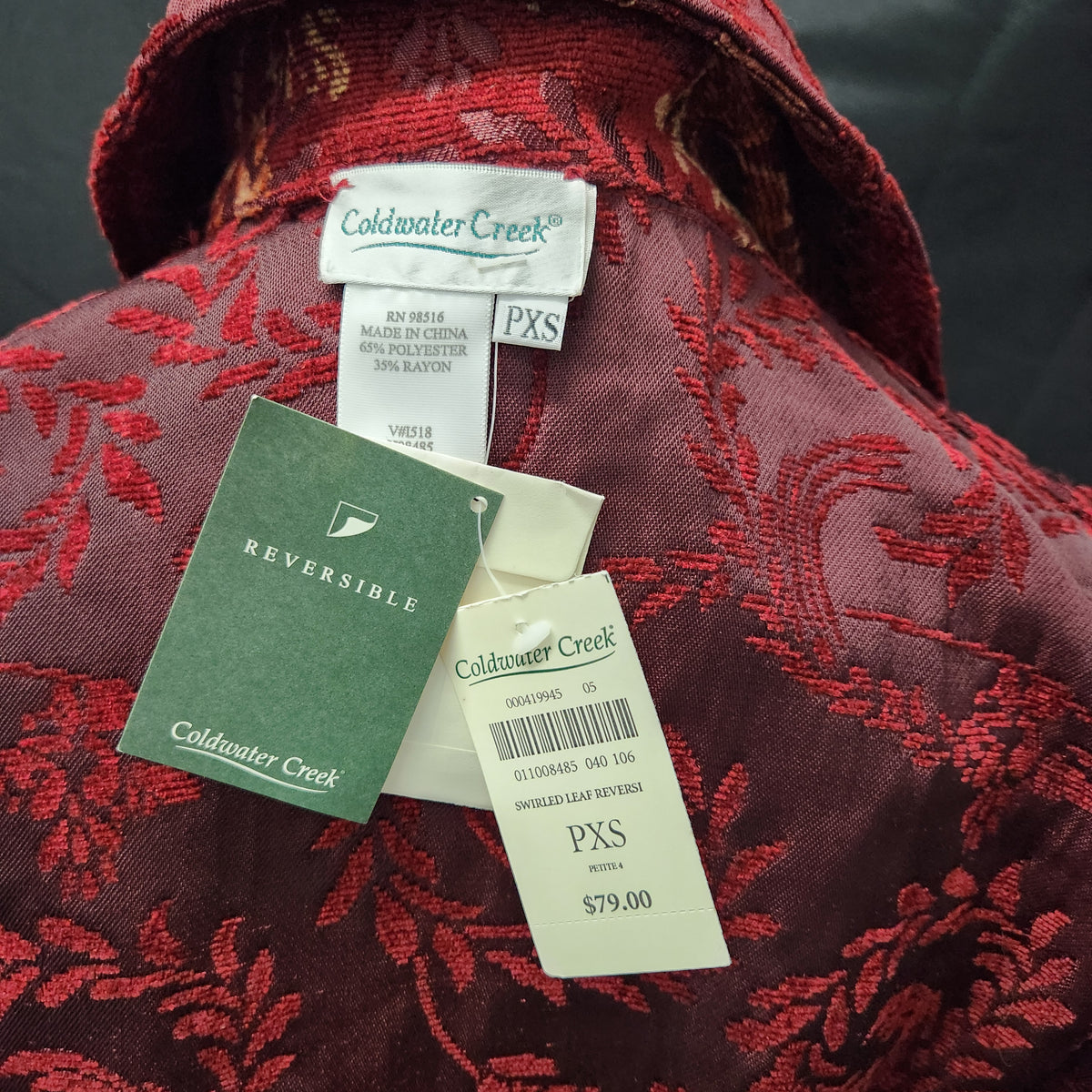 NWT Coldwater Creek Reversible Tapestry Jacket PXS Crimson Red Boho Fall Leaf