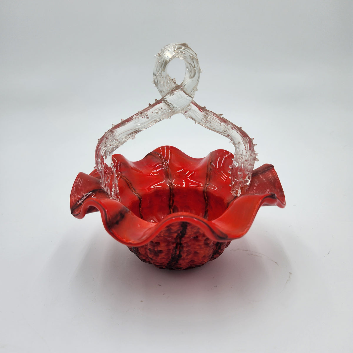 Vintage Czech Red Spatter Art Glass Basket Clear Thorn Handle Ruffled Edge 8.5"