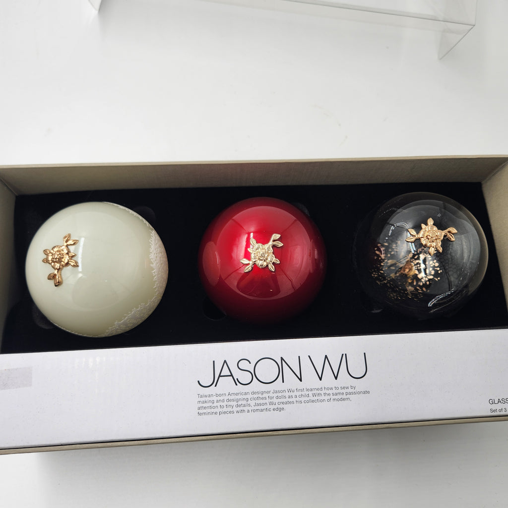 Jason Wu Nieman Marcus Target set of 3 Ornaments New in Box 2012 featuring three colorful glass ornaments.