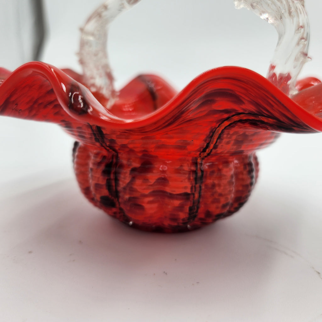 Vintage Czech Red Spatter Art Glass Basket Clear Thorn Handle Ruffled Edge 8.5"