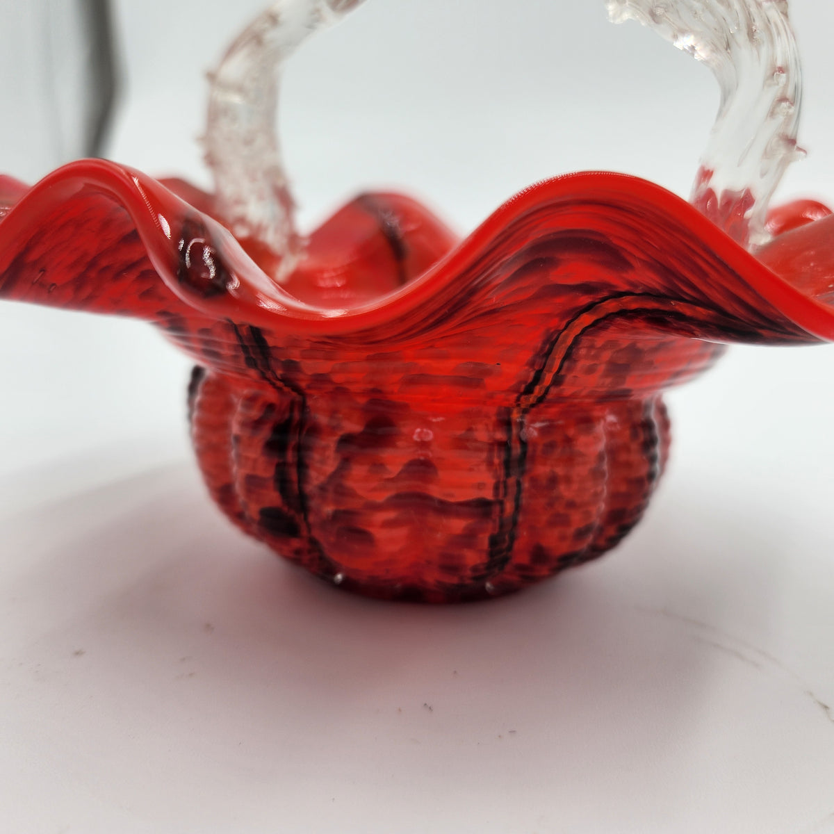 Vintage Czech Red Spatter Art Glass Basket Clear Thorn Handle Ruffled Edge 8.5"