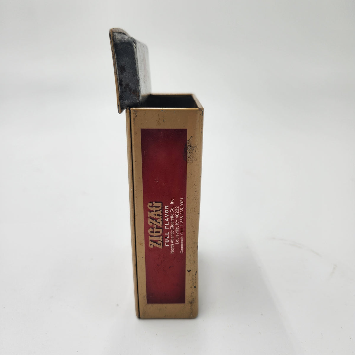 Vintage Zig-Zag Metal Tin Box Cigar Prototype All Natural Full Flavor side view showcasing the metal tin and open lid