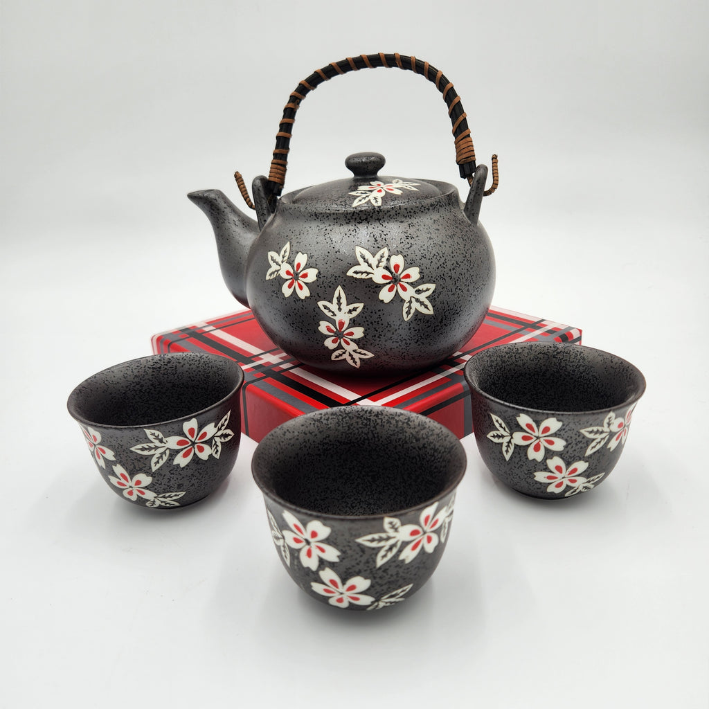 Japanese Black Sakura Ceramic Tea Set – Teapot, 2 Cups, Mesh Infuser + Bonus Replacement Cup!
