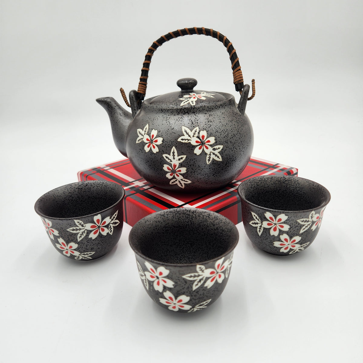 Japanese Black Sakura Ceramic Tea Set – Teapot, 2 Cups, Mesh Infuser + Bonus Replacement Cup!