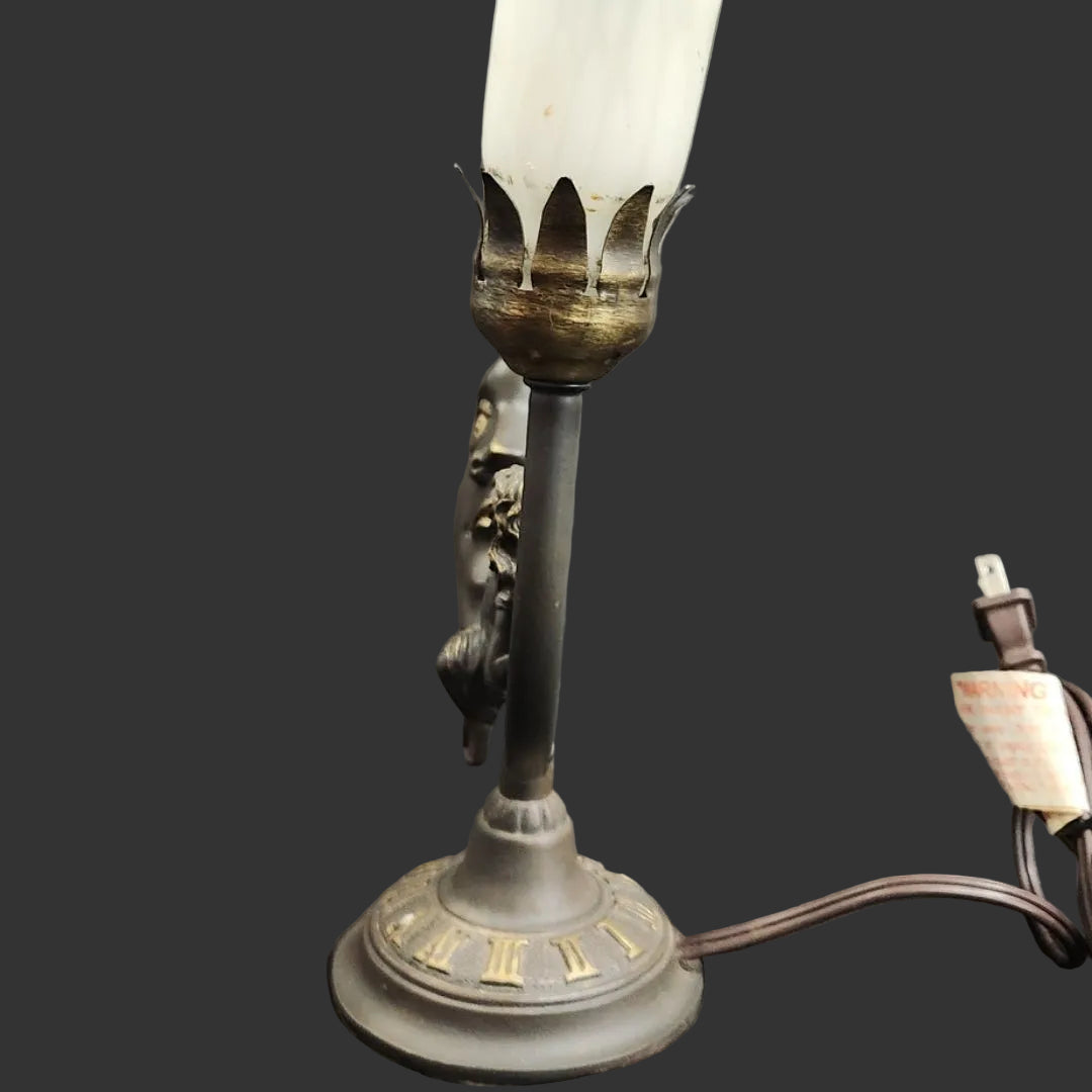 vintage celestial angel fairy bronze finish cast metal base with 2 glass blue lily lights-side view