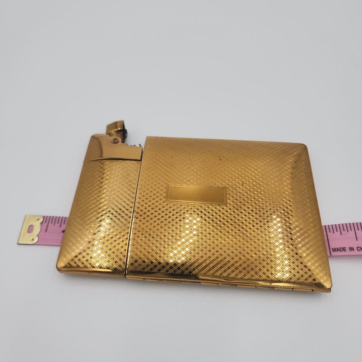 Vintage 1940s Elgin American Magic Action Lite-O-Matic Cigarette Case Lighter Combo - Gold Tone Crosshatch, Unmonogrammed, with Original Box