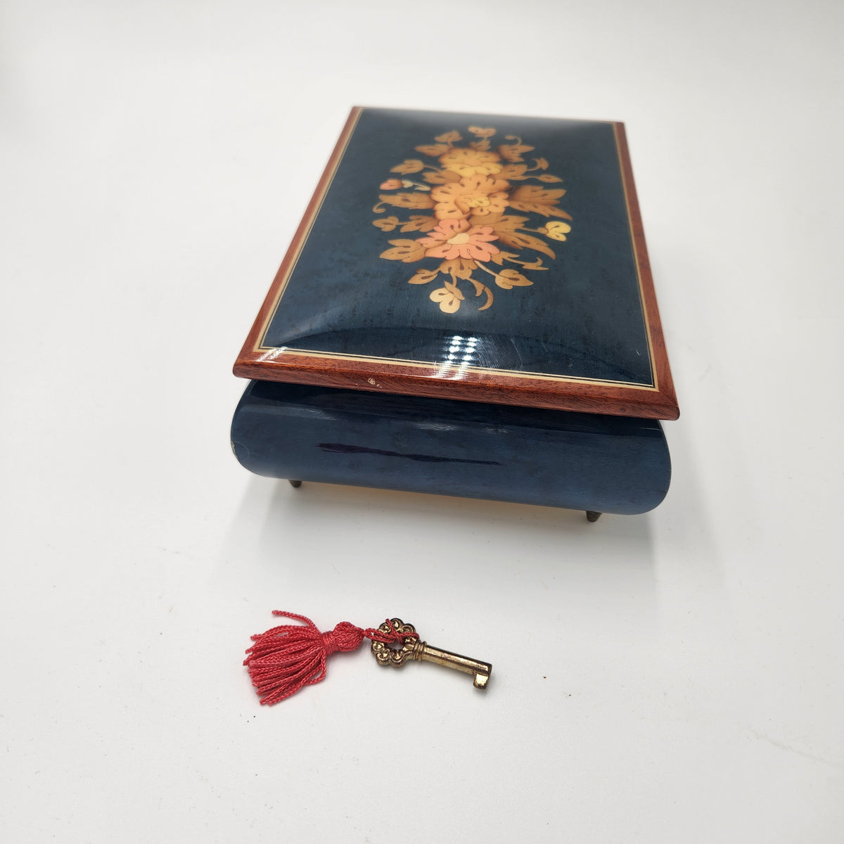 Reuge (Swiss Movement) / Italian Sorrento Music Box with floral design and decorative key.