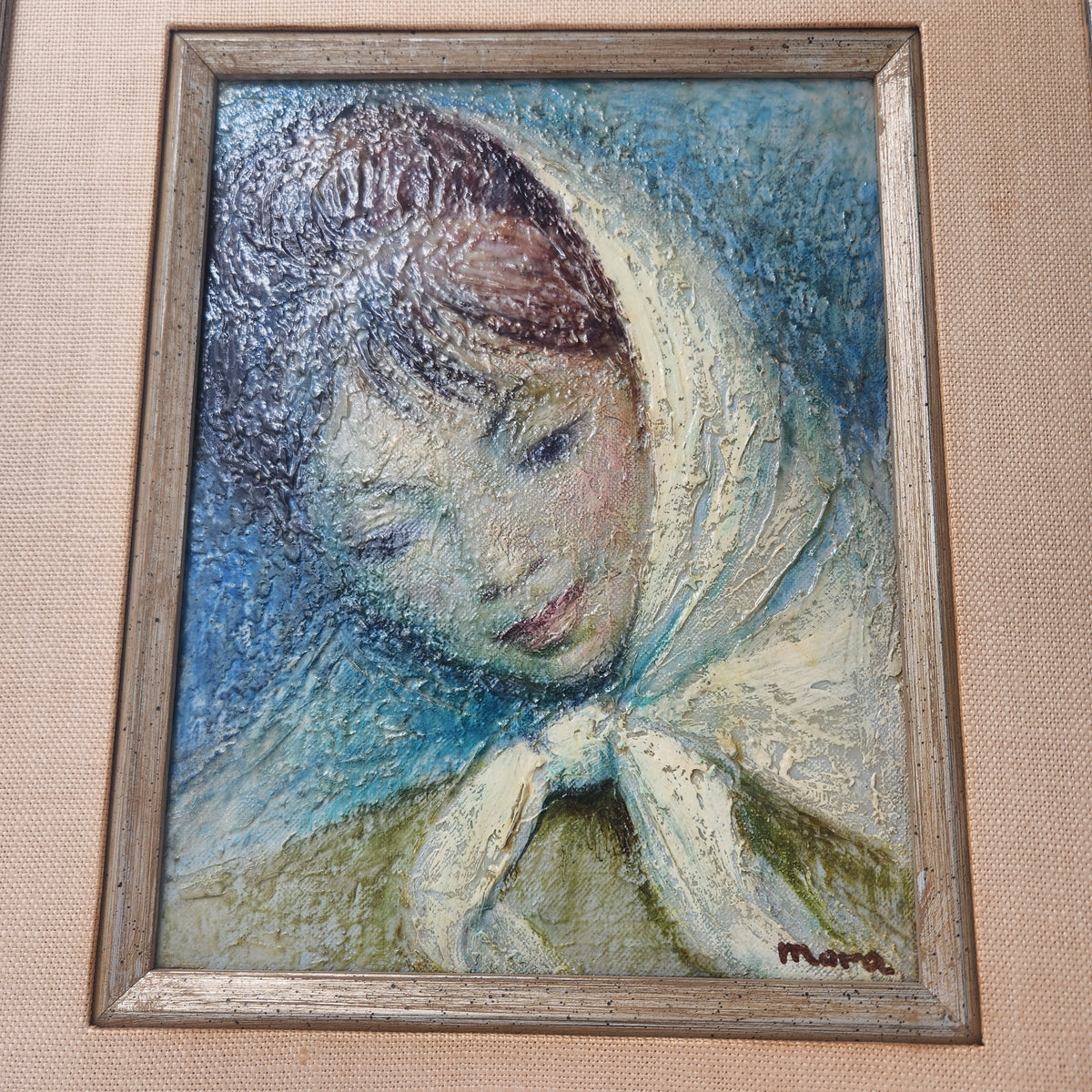 Vintage Mid-Century Modern Portrait Oil Canvas Painting – Woman in Headscarf, Signed Mara c. 1960s/1970s
