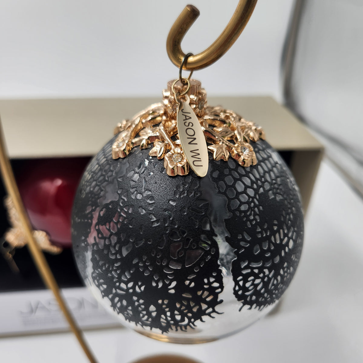 Jason Wu Nieman Marcus Target set of 3 Ornaments New in Box 2012 close-up of black ornament with gold floral cap