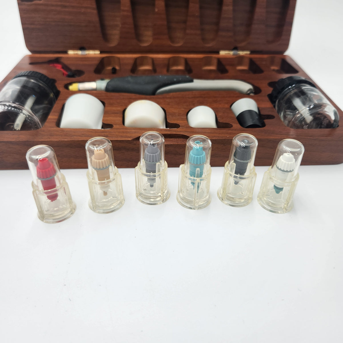 VTG Testors Aztek A4709 Deluxe Airbrush Set housed in a custom wooden walnut storage case