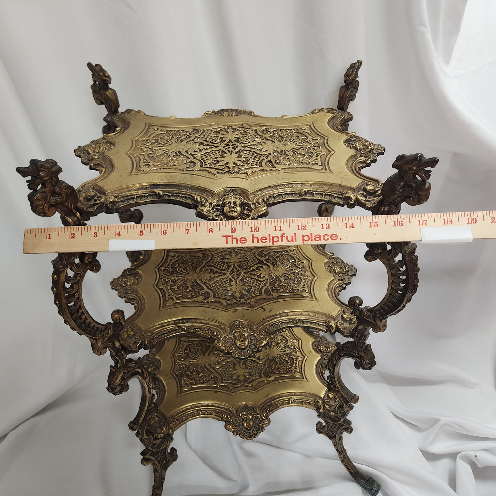 Vintage Ornate Cast Brass 3 Tier Plant Stand Dragon Grotesque French Scrollwork