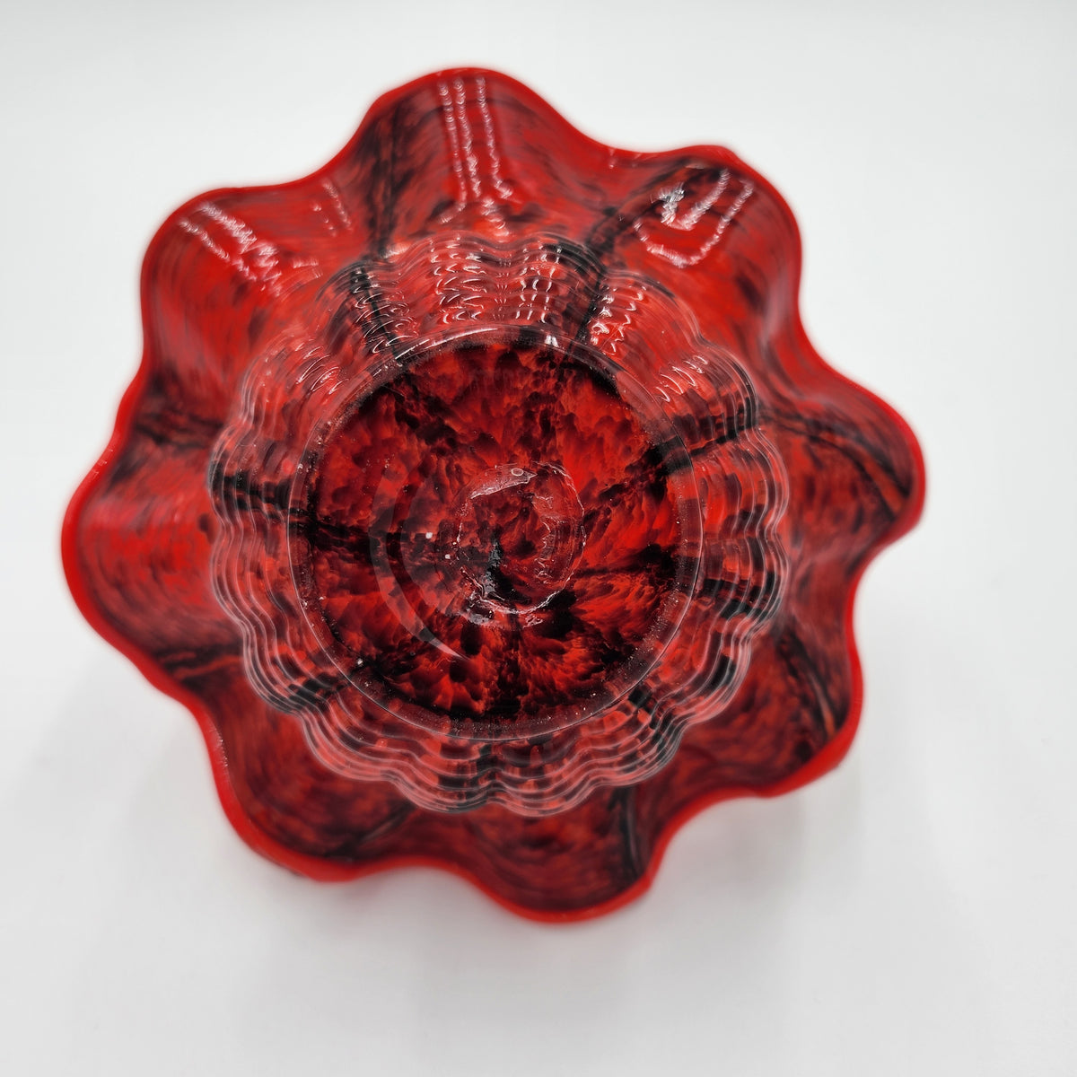Vintage Czech Red Spatter Art Glass Basket Clear Thorn Handle Ruffled Edge 8.5"