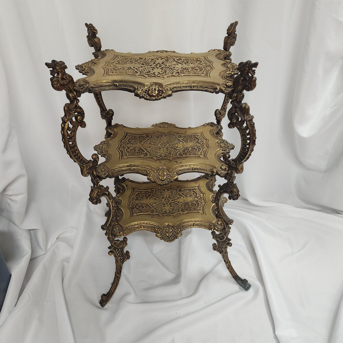 Vintage Ornate Cast Brass 3 Tier Plant Stand Dragon Grotesque French Scrollwork