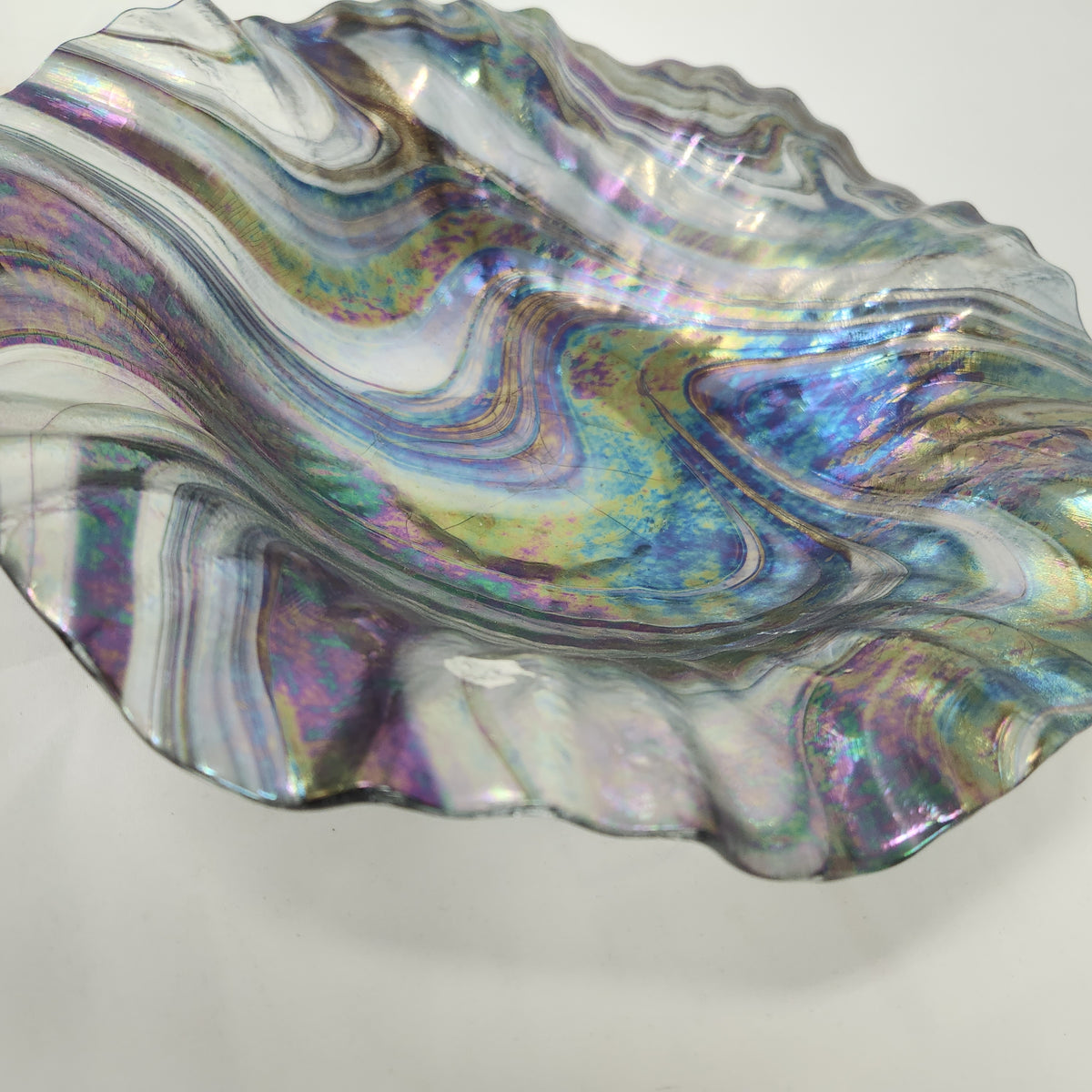 John Scott Signed Iridescent Art Glass Bowl 2010 | Hand-Blown Ruffled Free-Form ~14"