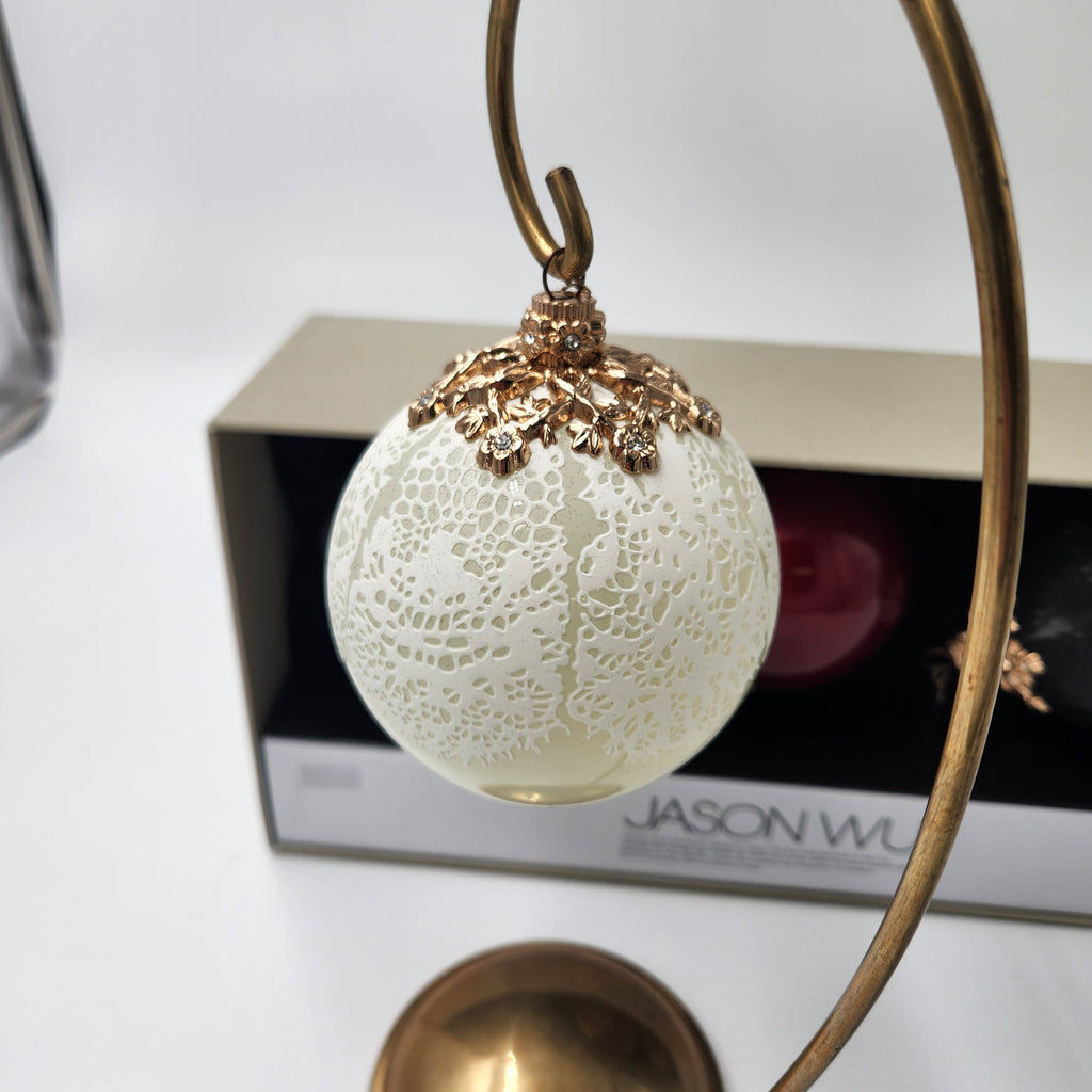 Jason Wu Nieman Marcus Target set of 3 Ornaments New in Box 2012 - detailed white ornament with gold floral cap.