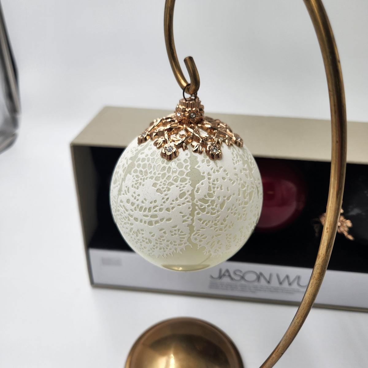 Jason Wu Nieman Marcus Target set of 3 Ornaments New in Box 2012 - detailed white ornament with gold floral cap.