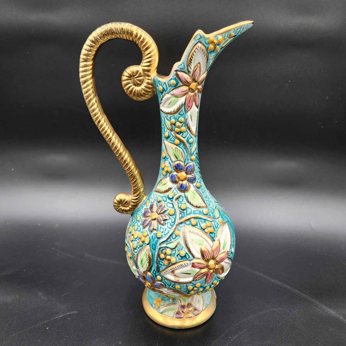 Vintage H Bequet Quaregnon Belgium Majolica Ewer Pitcher Vase #212 Turquoise 13"