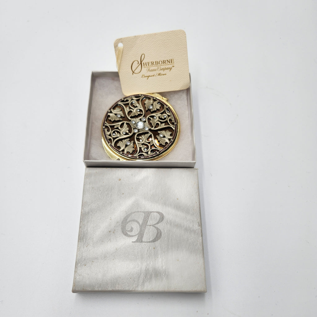 NIB Vintage Sherborne Frame Co Jeweled Filigree Compact Mirror Gold