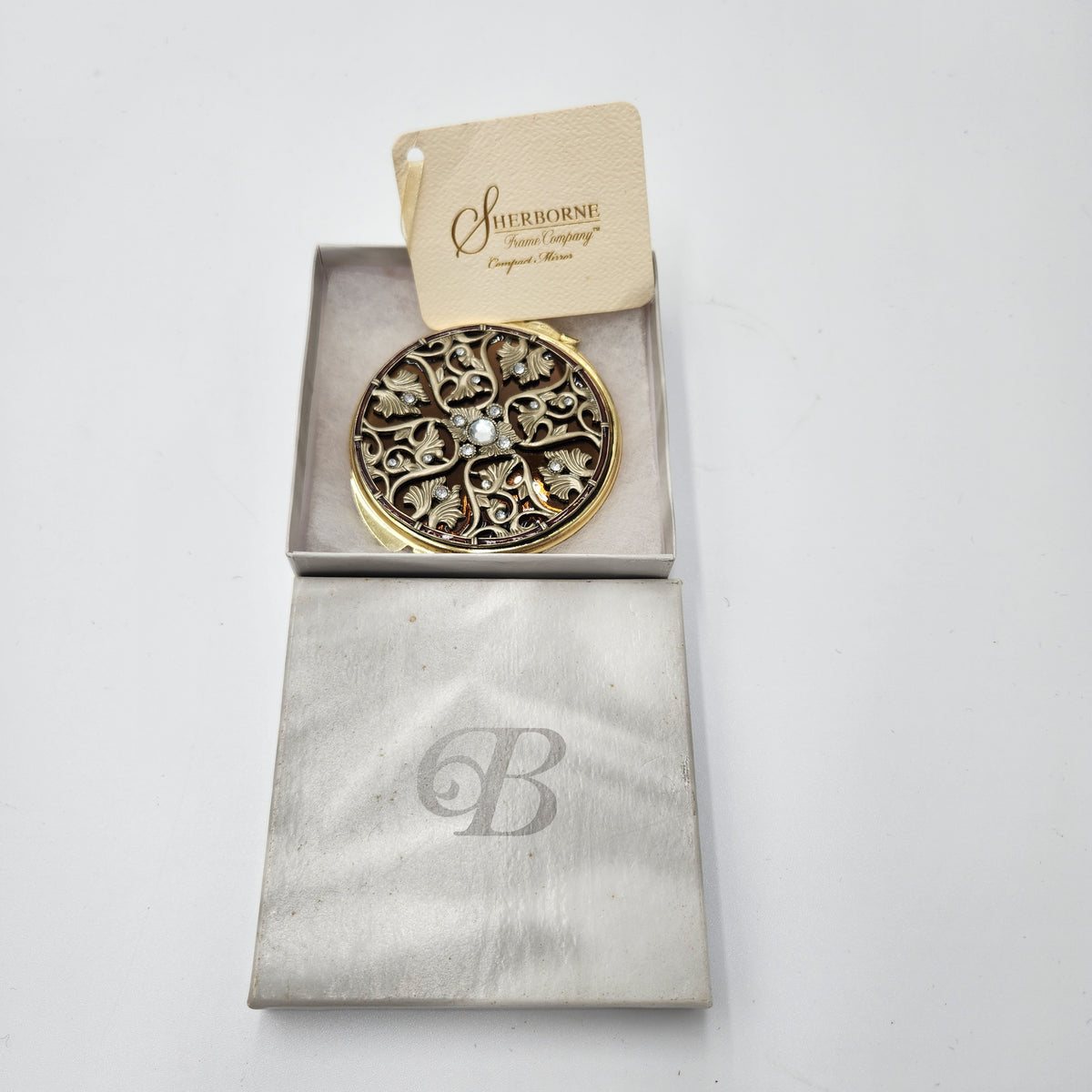 NIB Vintage Sherborne Frame Co Jeweled Filigree Compact Mirror Gold