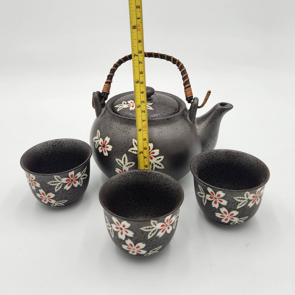 Japanese Black Sakura Ceramic Tea Set – Teapot, 2 Cups, Mesh Infuser + Bonus Replacement Cup!
