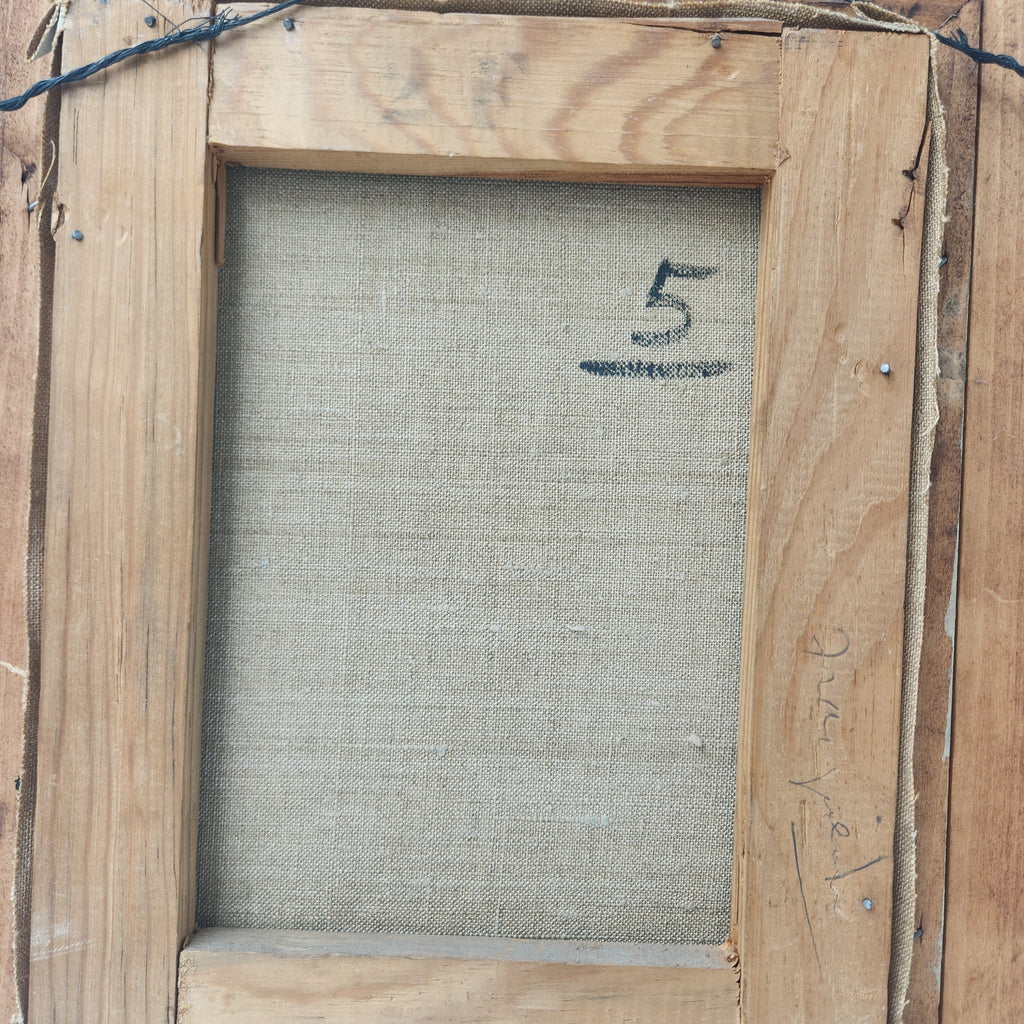 Back view of a vintage framed oil canvas painting with a number "5" marked.