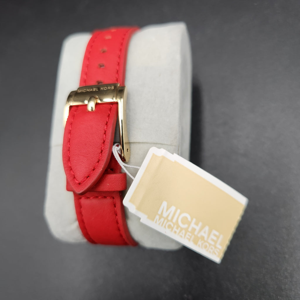 New Michael Kors MK2380 Gold Rectangular Watch Red Leather Band Charm Studs NWT