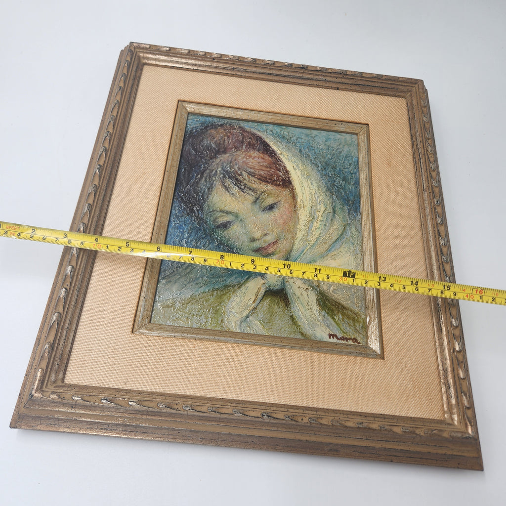 Vintage Mid-Century Modern Portrait Oil Canvas Painting – Woman in Headscarf, Signed Mara c. 1960s/1970s in a decorative frame.