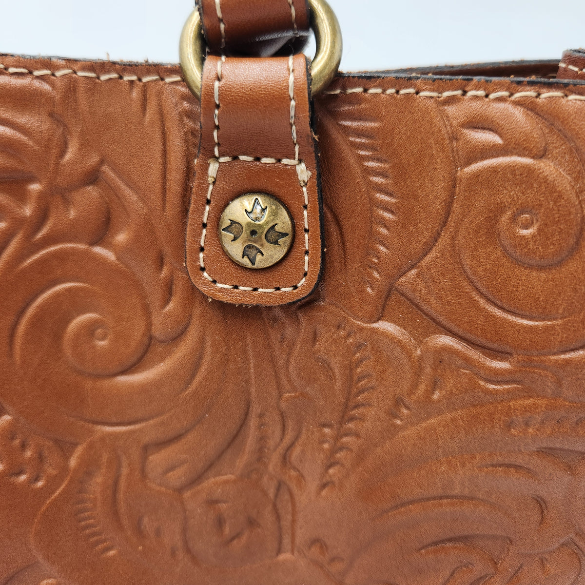 Patricia Nash Zancona Tote in the Florence tan/cognac tooled leather finish
