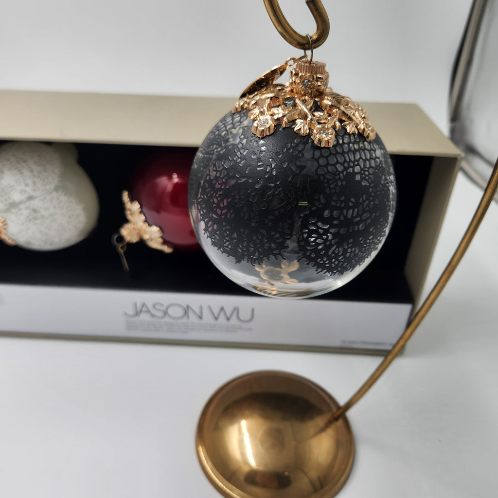 Jason Wu Nieman Marcus Target set of 3 Ornaments New in Box 2012 featuring elegant black glass ornament with gold cap.