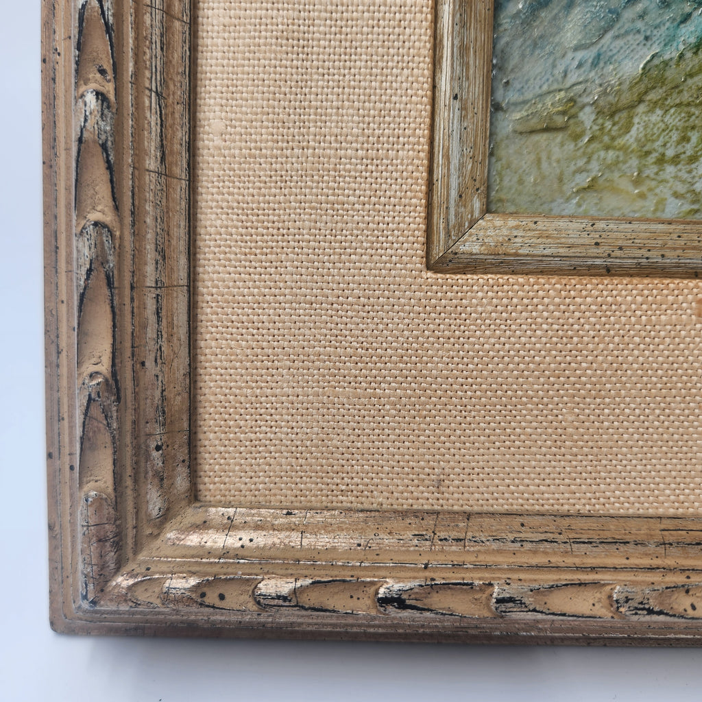 Vintage Mid-Century Modern Portrait Oil Canvas Painting – Woman in Headscarf, Signed Mara c. 1960s/1970s frame detail