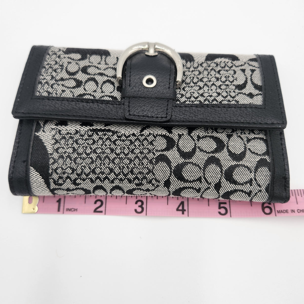 Vintage Coach Signature Jacquard Soho-Style Trifold Wallet | Black & Grey | Buckle Clasp | Y2K Era