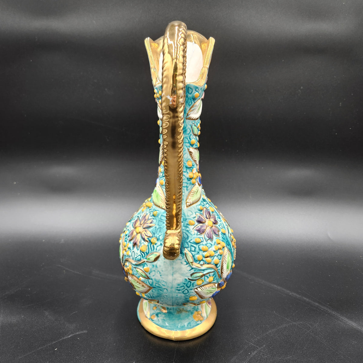 Vintage H Bequet Quaregnon Belgium Majolica Ewer Pitcher Vase #212 Turquoise 13"