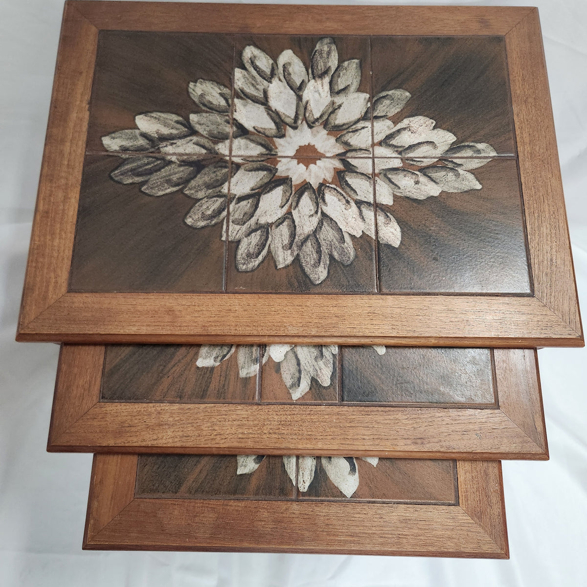 Vintage Mid Century Danish Teak Nesting Tables with Floral Tile Top - Set of 3