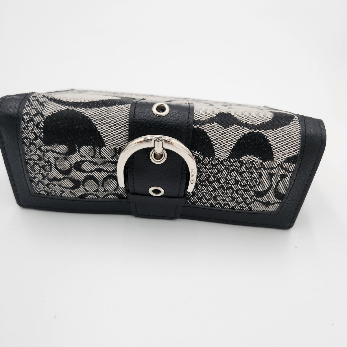 Vintage Coach Signature Jacquard Soho-Style Trifold Wallet | Black & Grey | Buckle Clasp | Y2K Era