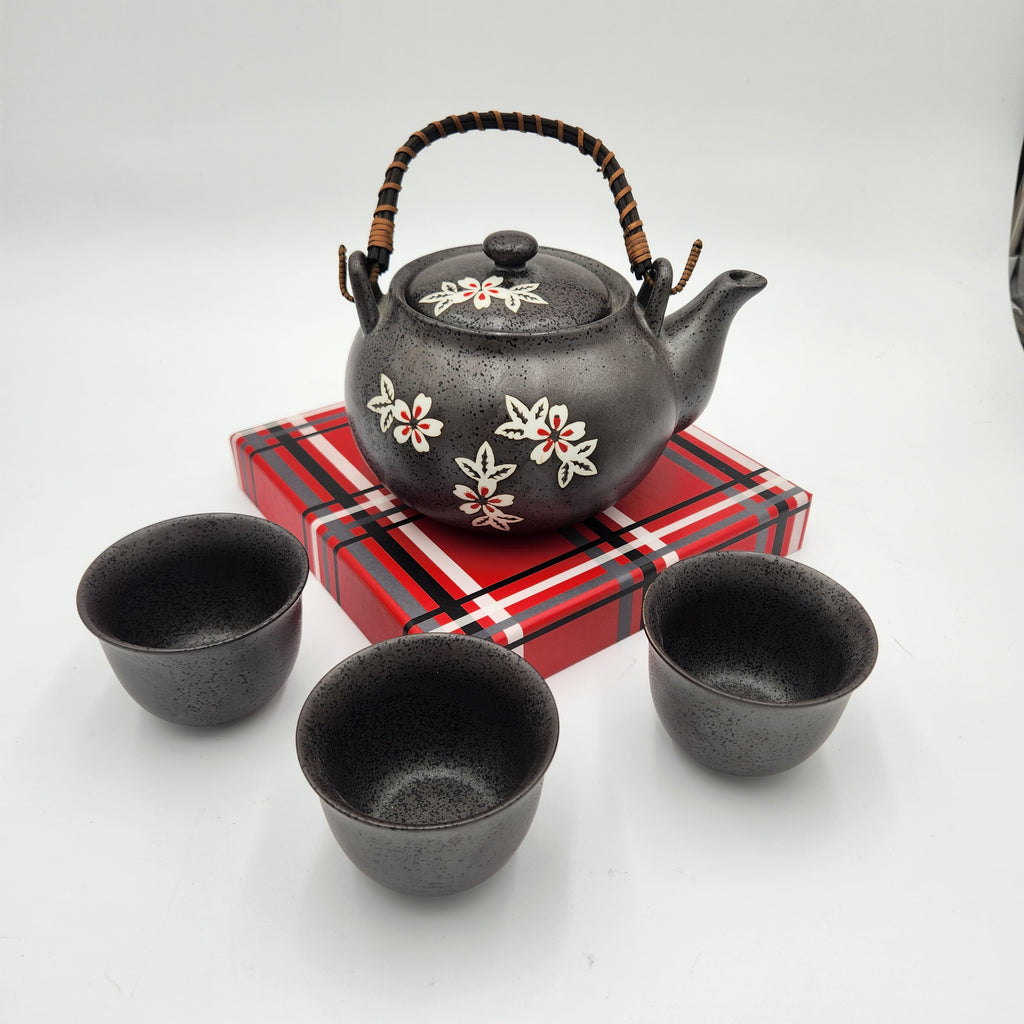 Japanese Black Sakura Ceramic Tea Set – Teapot, 2 Cups, Mesh Infuser + Bonus Replacement Cup!