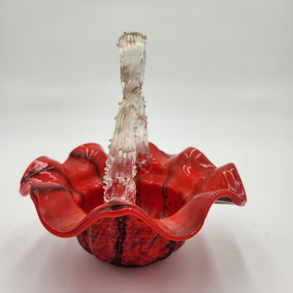 Vintage Czech Red Spatter Art Glass Basket Clear Thorn Handle Ruffled Edge 8.5"