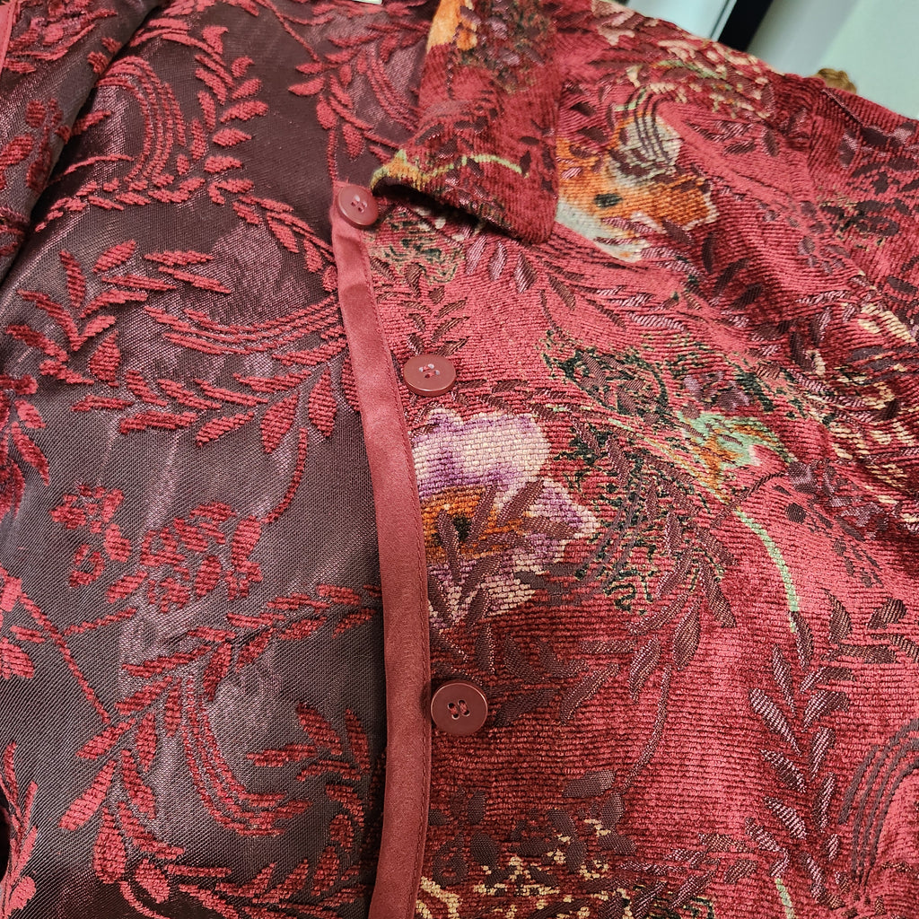 NWT Coldwater Creek Reversible Tapestry Jacket PXS Crimson Red Boho Fall Leaf
