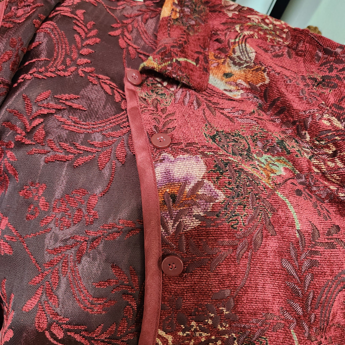 NWT Coldwater Creek Reversible Tapestry Jacket PXS Crimson Red Boho Fall Leaf
