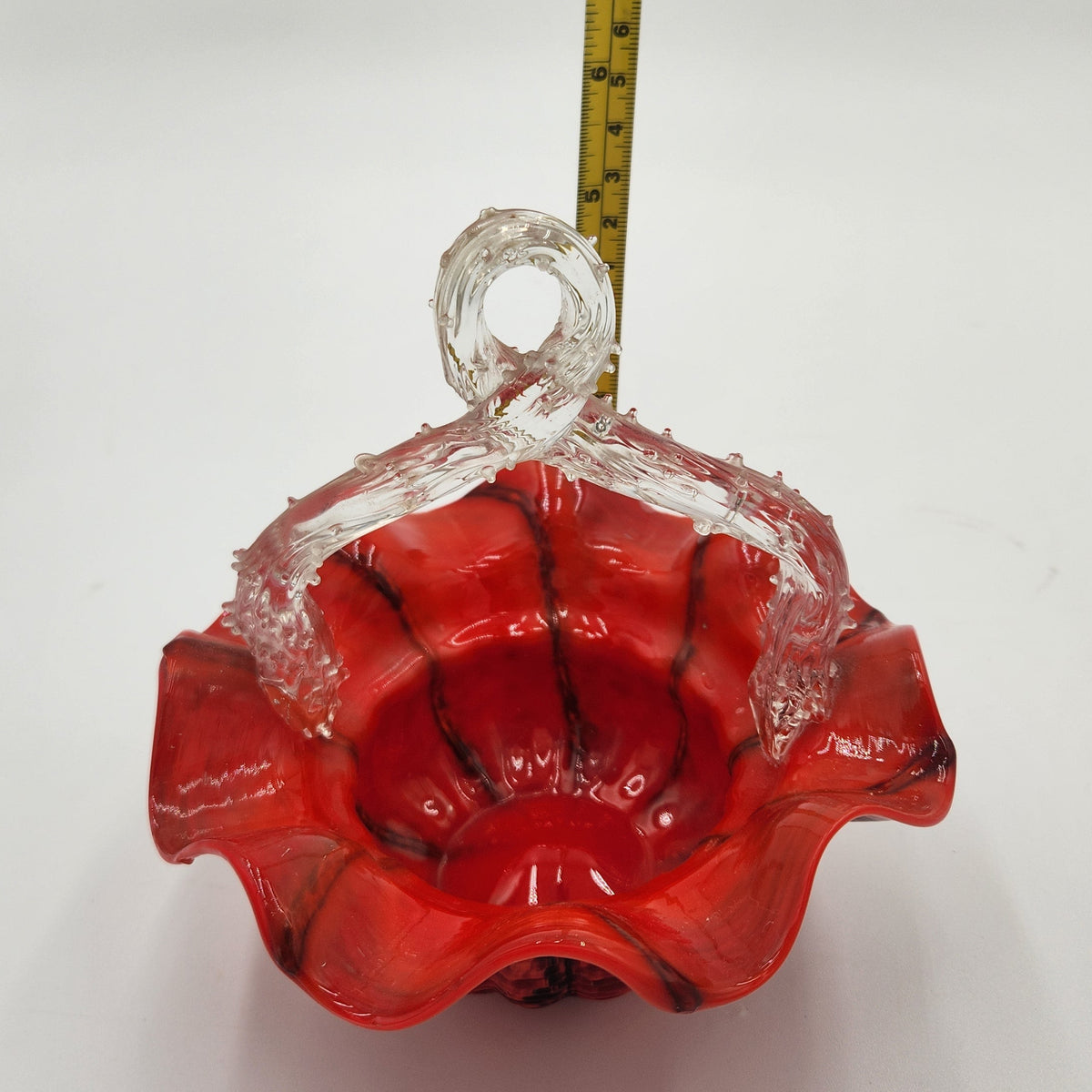 Vintage Czech Red Spatter Art Glass Basket Clear Thorn Handle Ruffled Edge 8.5"