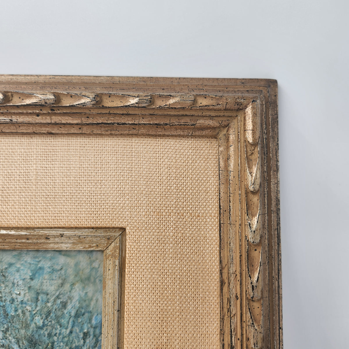 Vintage Mid-Century Modern Portrait Oil Canvas Painting – Woman in Headscarf, Signed Mara c. 1960s/1970s framed detail.