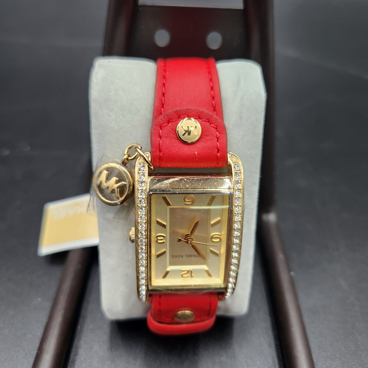 New Michael Kors MK2380 Gold Rectangular Watch Red Leather Band Charm Studs NWT
