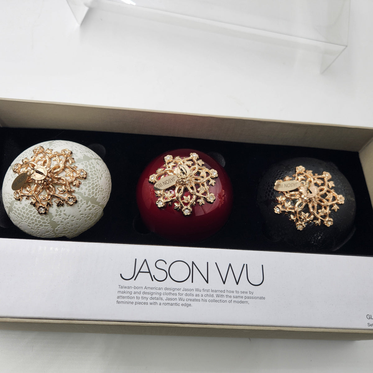 Jason Wu Nieman Marcus Target set of 3 Ornaments New in Box 2012 featuring elegant hand-blown glass design.