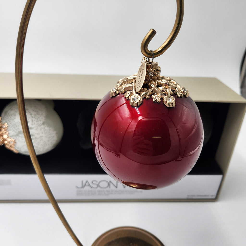 Jason Wu Nieman Marcus Target set of 3 Ornaments New in Box 2012, red ornament with gold floral cap detail.