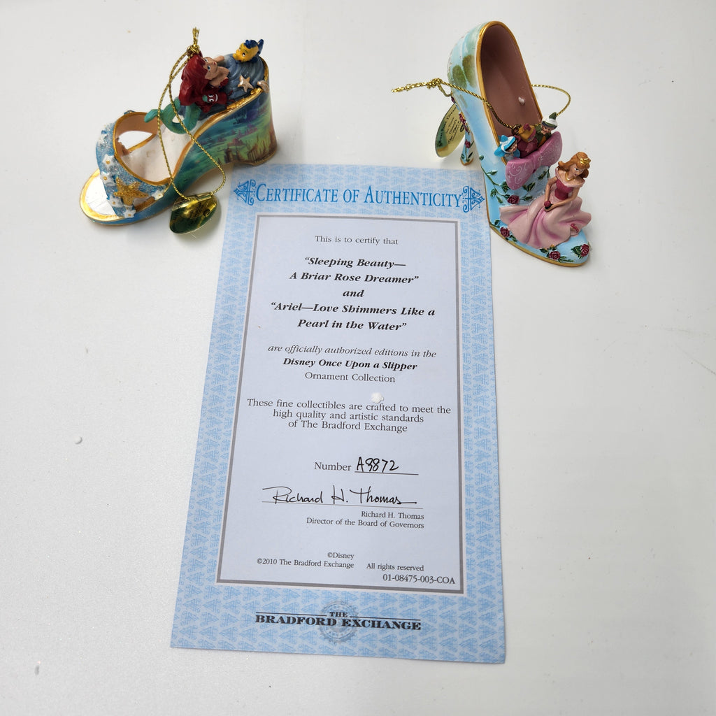 Bradford Exchange Disney Once Upon A Slipper Ornament Set Sleeping Beauty Ariel