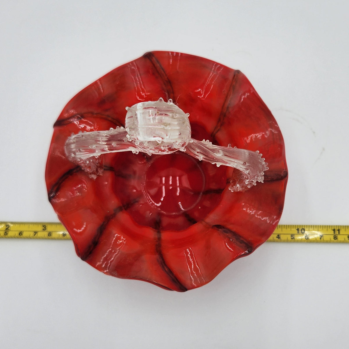 Vintage Czech Red Spatter Art Glass Basket Clear Thorn Handle Ruffled Edge 8.5"