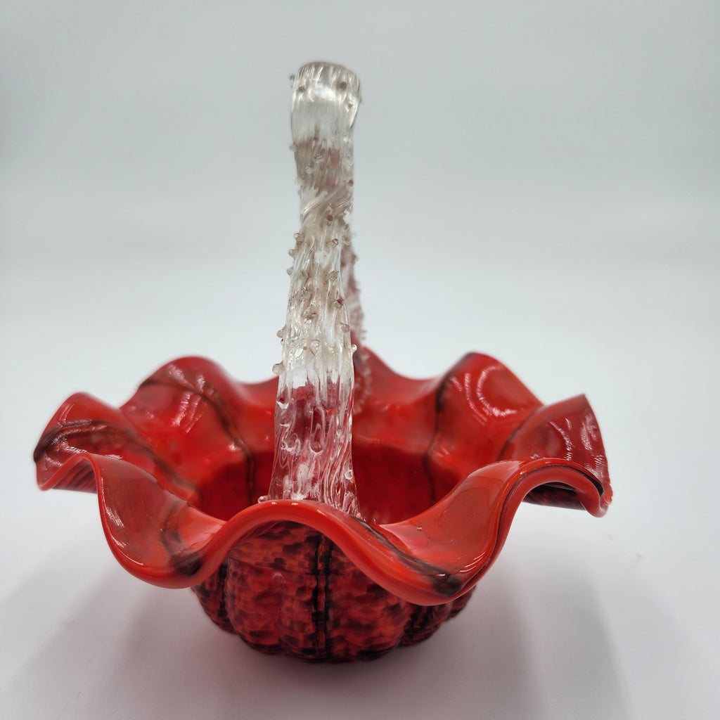 Vintage Czech Red Spatter Art Glass Basket Clear Thorn Handle Ruffled Edge 8.5"