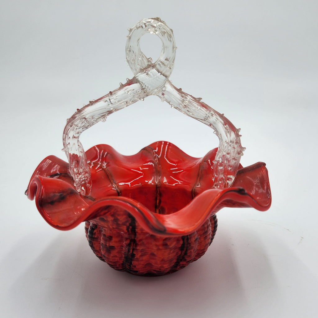 Vintage Czech Red Spatter Art Glass Basket Clear Thorn Handle Ruffled Edge 8.5"