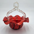 Vintage Czech Red Spatter Art Glass Basket Clear Thorn Handle Ruffled Edge 8.5"