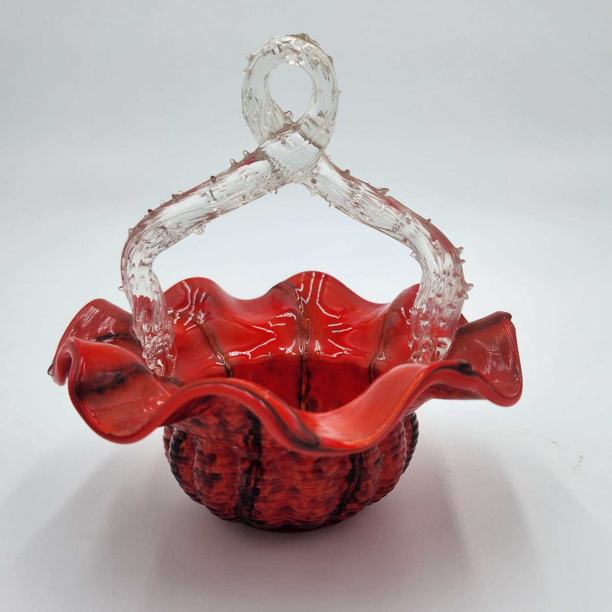 Vintage Czech Red Spatter Art Glass Basket Clear Thorn Handle Ruffled Edge 8.5"